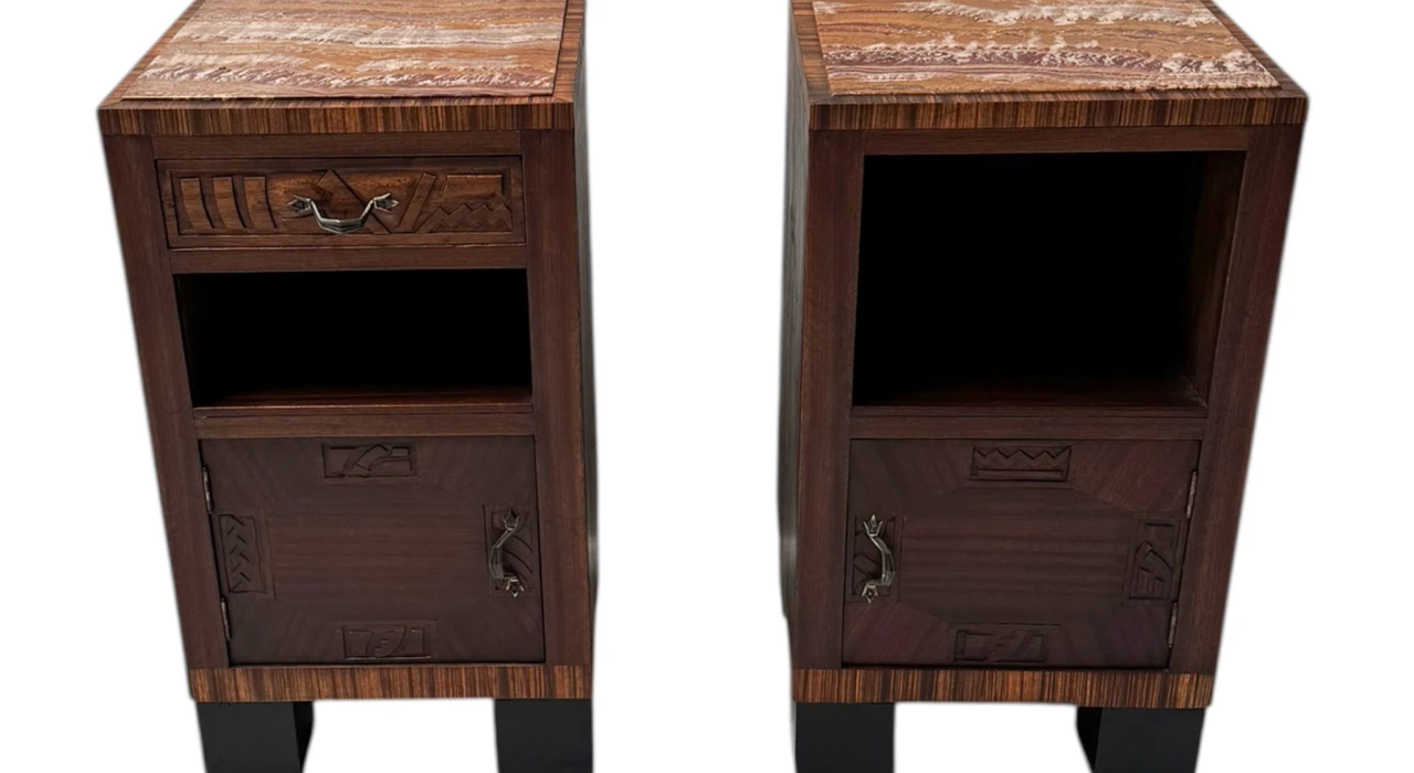 Two Art Deco Nightstands or Bedside Tables with Multi-Colored Marble Tops, 1930s